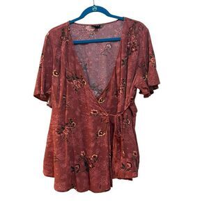 $2/$30 Torrid Wrap Top Womens 2XL Red Floral Print Short Sleeve Boho Blouse